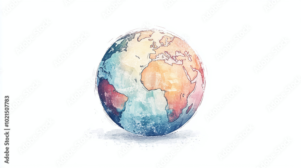 Fototapeta premium planet earth global glowing 2d illustration with black outlines glowing low contrast glow colors png white background globe appealing artistic digital painting artwork sphere globe watercolor effect