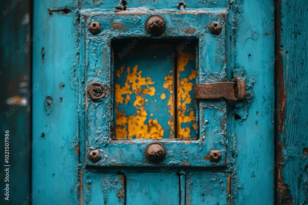 A Weathered Blue Door with a Rectangular Window and a Rusty Hinge A Weathered Blue Door with a Rectangular Window and a Rusty Hinge