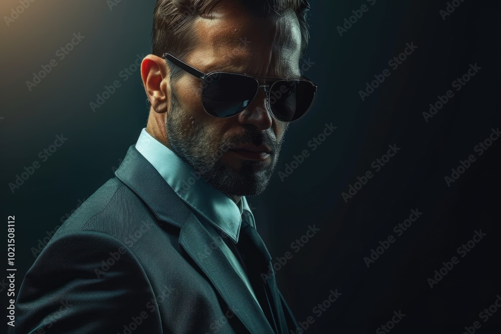 Fototapeta premium Modern businessmen in stylish suits and sunglasses on dark background.