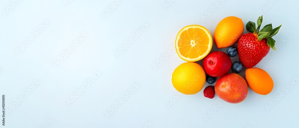 Assortment of Fresh Nutritious Fruits on a Light Background with Copy Space Assortment of Fresh Nutritious Fruits on a Light Background with Copy Space