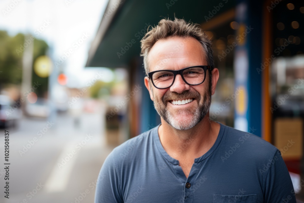 Portrait of a handsome middle-aged man wearing glasses standing in the street. Portrait of a handsome middle-aged man wearing glasses standing in the street.