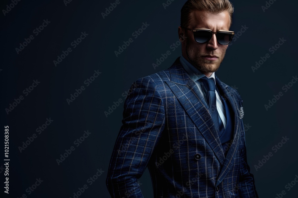 Obraz premium Modern businessmen in stylish suits and sunglasses on dark background.