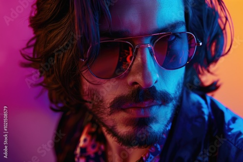 Neon lit portrait of stylish man in sunglasses and jacket.