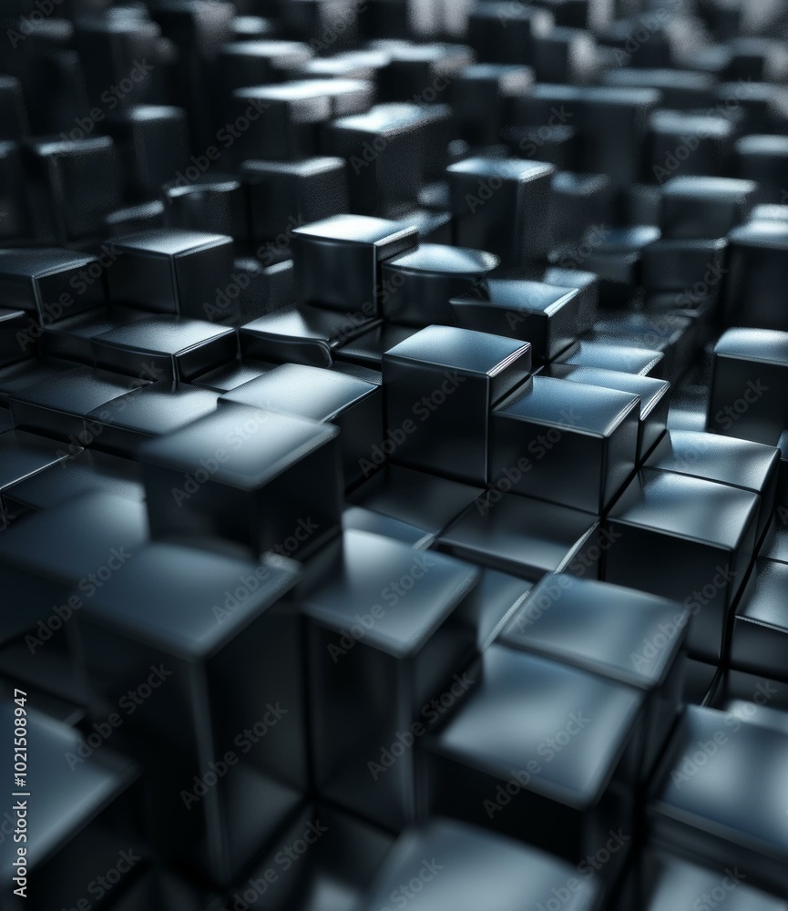 Abstract 3D rendering of a surface of black cubes with beveled edges and a glossy surface Abstract 3D rendering of a surface of black cubes with beveled edges and a glossy surface