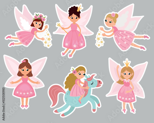 Set of fairy stickers. Cute hand-drawn fairies. 