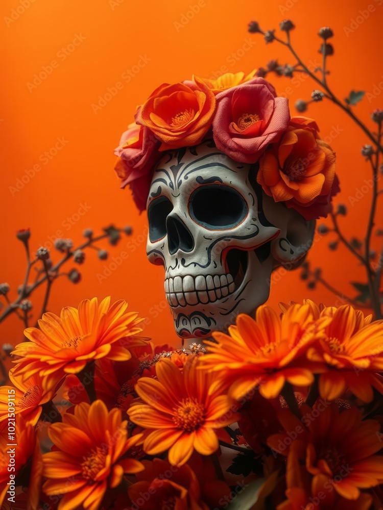 Template for dia de los muertos (day of the dead) calavera flowers orange backdrop copy space generative ai halloween backdrop Template for dia de los muertos (day of the dead) calavera flowers orange backdrop copy space generative ai halloween backdrop