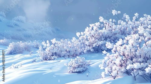 A winter wonderland of snow-covered trees and bushes photo