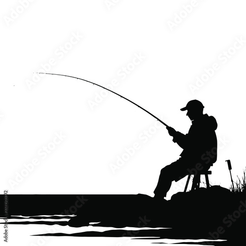 a person fishing with a fishing rod on the shore black color silhouette