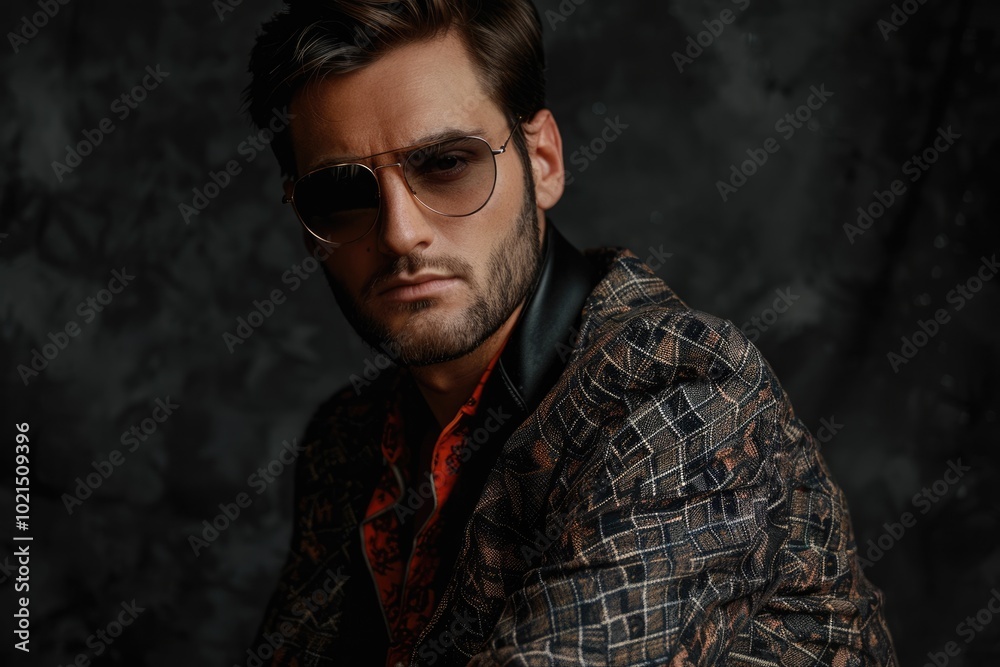 Obraz premium Confident man in jacket and sunglasses on dark background.