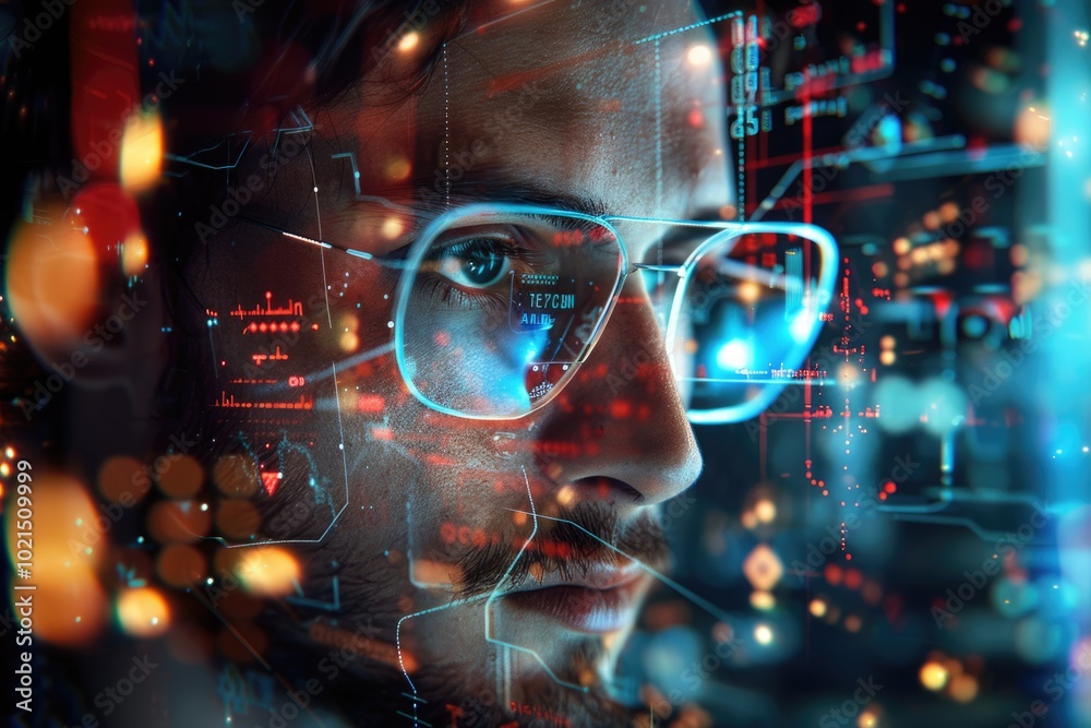 Man with glasses and holographic interface  future technology concept.