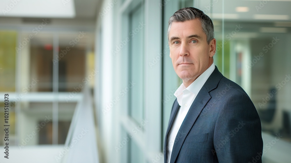 Confident CEO stands in front of modern office window, looking out with determined expression, symbolizing leadership and change. Confident CEO stands in front of modern office window, looking out with determined expression, symbolizing leadership and change.