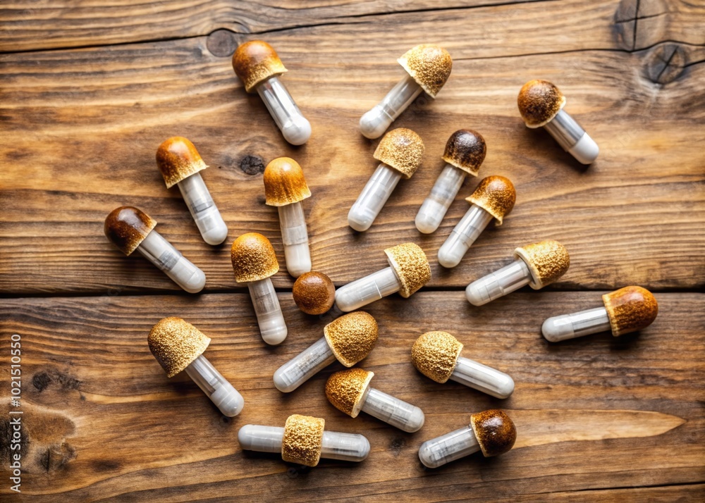 Psilocybin Microdose Capsules on a Wooden Table, Natural Health and Wellness Concept for Therapy Psilocybin Microdose Capsules on a Wooden Table, Natural Health and Wellness Concept for Therapy