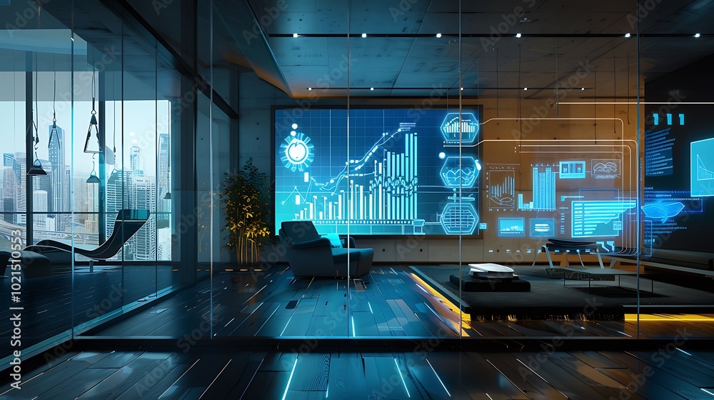 Fototapeta premium A modern office with holographic budget forecasts and financial planning tools floating around