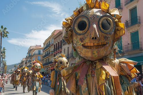 Fototapeta Naklejka Na Ścianę i Meble -  vibrant street festival barcelona spain giant puppets lively parade colorful music free
