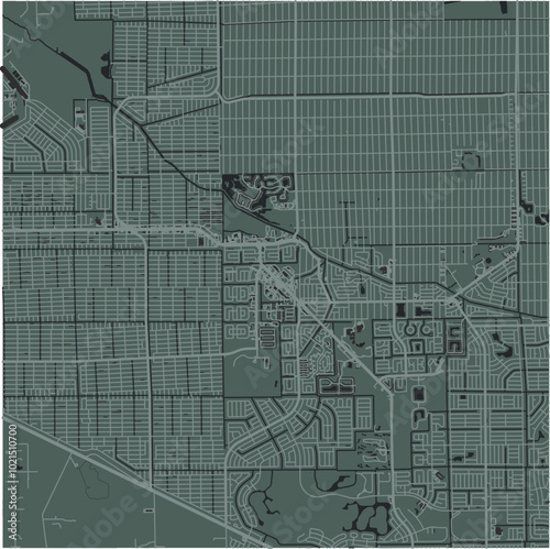 Map of Lehigh Acres in Florida in a smooth dark style. Contains layered vector with roads water, parks, etc.