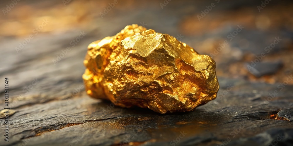 Raw and Rough Gold Nugget on Natural Rock Surface with Unique Texture and Geological Features Raw and Rough Gold Nugget on Natural Rock Surface with Unique Texture and Geological Features