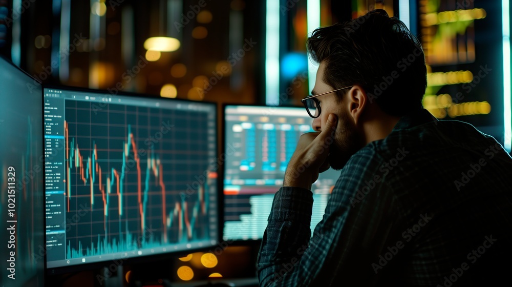 Fototapeta premium Digital finance trading involves analyzing graphs and charts on screens, optimizing investment strategies while monitoring risk and profit in real time.