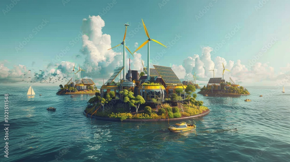 Obraz premium A group of small artificial islands with buildings and wind turbines in the middle of the ocean