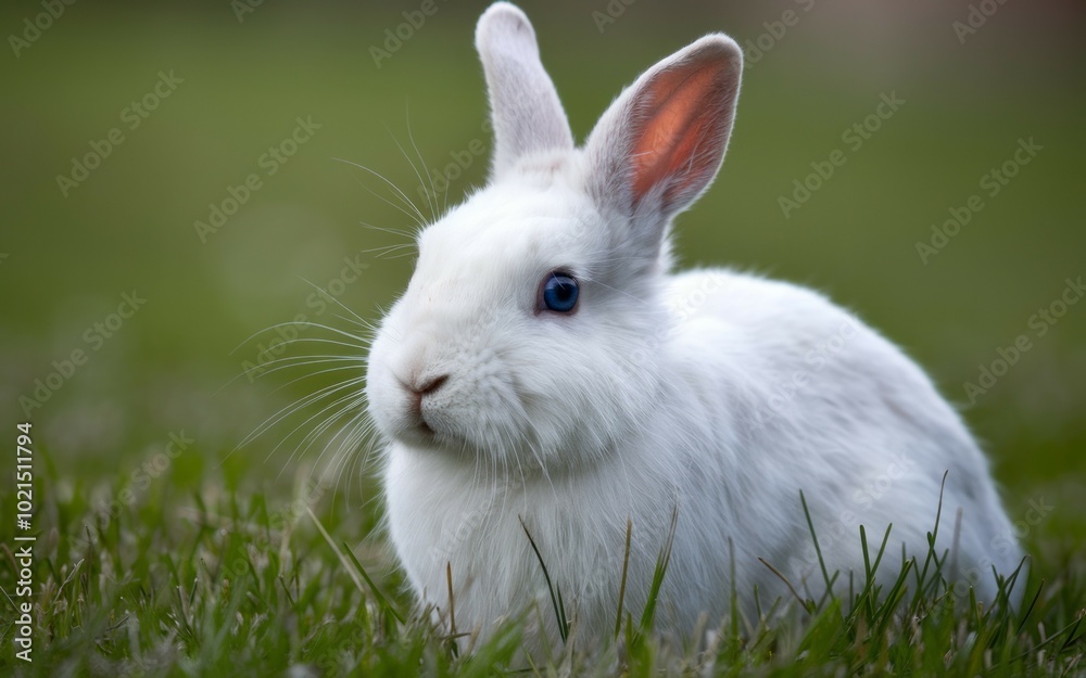White bunny in grass. Adorable white rabbit with blue eyes sitting in lush green grass. The rabbit's fur is soft and fluffy. White bunny in grass. Adorable white rabbit with blue eyes sitting in lush green grass. The rabbit's fur is soft and fluffy.