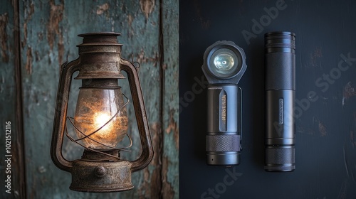 A vintage kerosene lantern and two modern flashlights - the old and the new, both providing light in the dark. old vs new generation