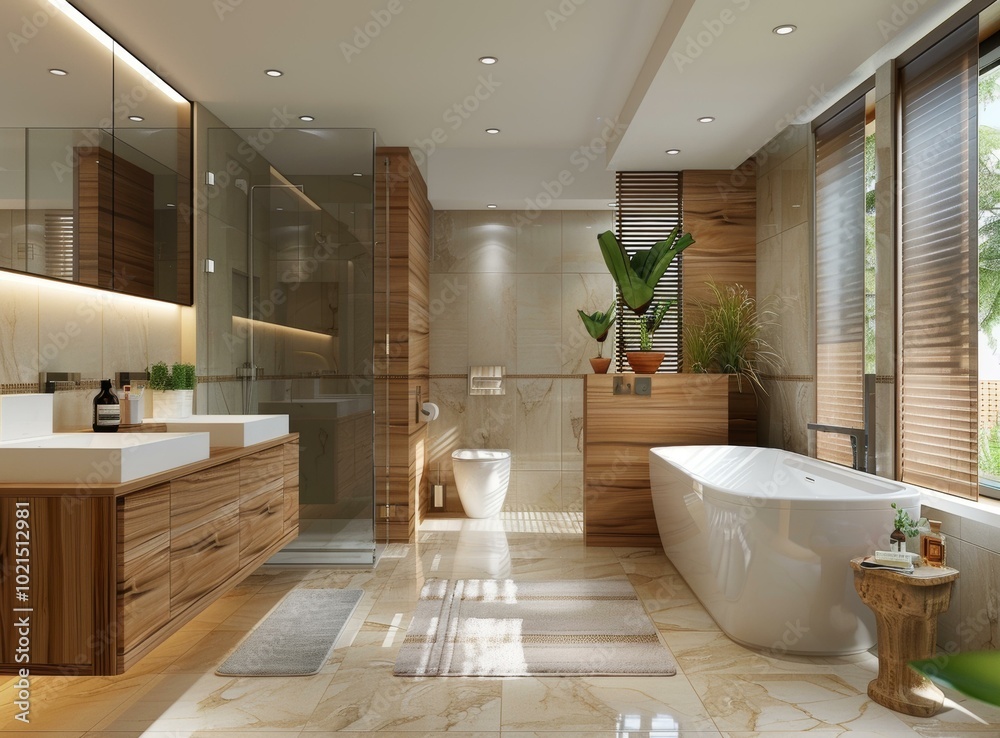 Fototapeta premium Modern Luxurious Wooden Bathroom Design