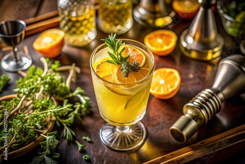 Refreshing golden dream cocktail garnished with citrus and herbs in a stylish glass on a bar counter