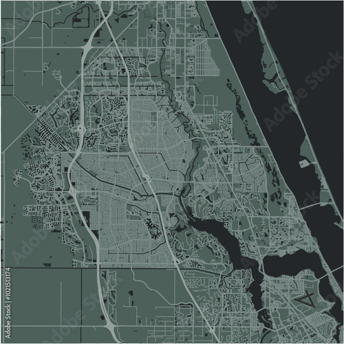 Map of Port St. Lucie in Florida in a smooth dark style. Contains layered vector with roads water, parks, etc.