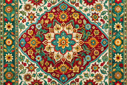 Vibrant floral pattern rug featuring intricate designs in red, green, and yellow hues, showcasing rich tapestry of colors and details that evoke sense of elegance and artistry