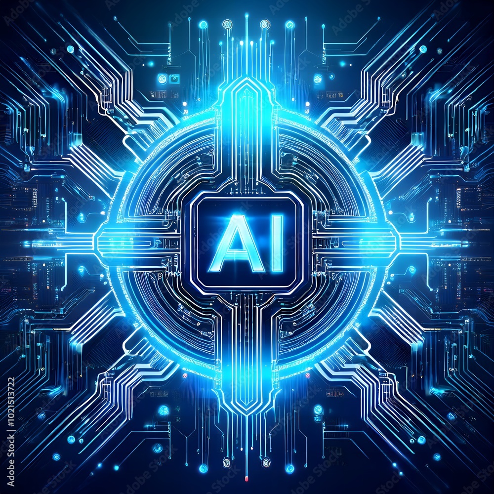 Glowing neon AI chip with thin circuit lines on a futuristic tech background featuring semiconductor Glowing neon AI chip with thin circuit lines on a futuristic tech background featuring semiconductor