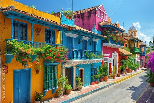 ibrant street cartagena colombia colonial architecture colorful buildings life house free