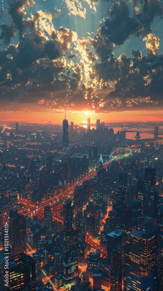 Obraz premium City Skyline Sunset Artistic Illustration