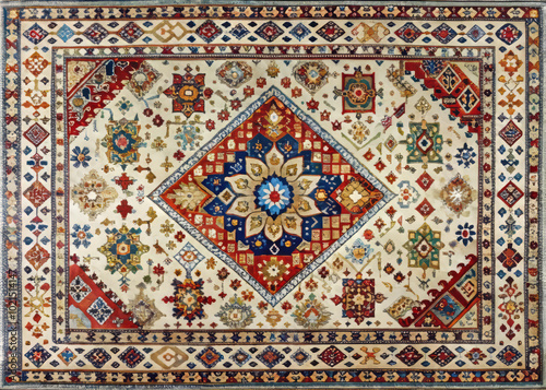 Intricate Indian rug featuring vibrant colors and geometric patterns, showcasing beautiful floral design at center. This stunning piece adds warmth and character to any space