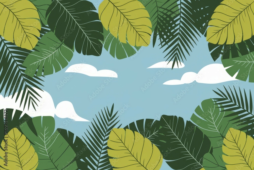 Fototapeta premium Tropical leaves sky. Lush green foliage frames a vibrant blue sky with fluffy white clouds, creating a tranquil tropical backdrop.