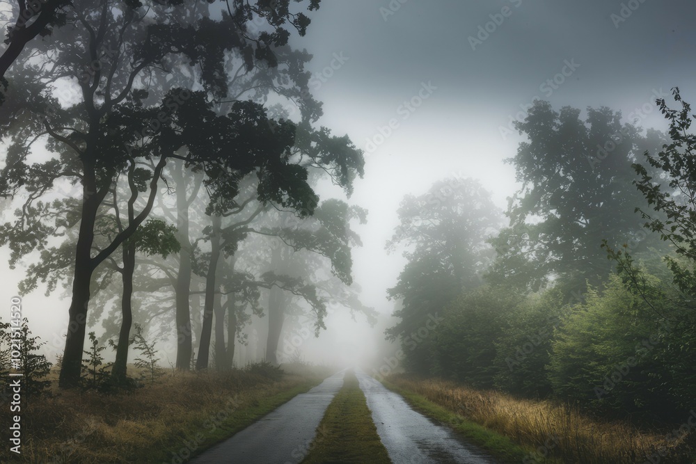 Foggy road through trees. Empty road winding through a misty forest, hinting at mystery and uncertainty. Foggy road through trees. Empty road winding through a misty forest, hinting at mystery and uncertainty.
