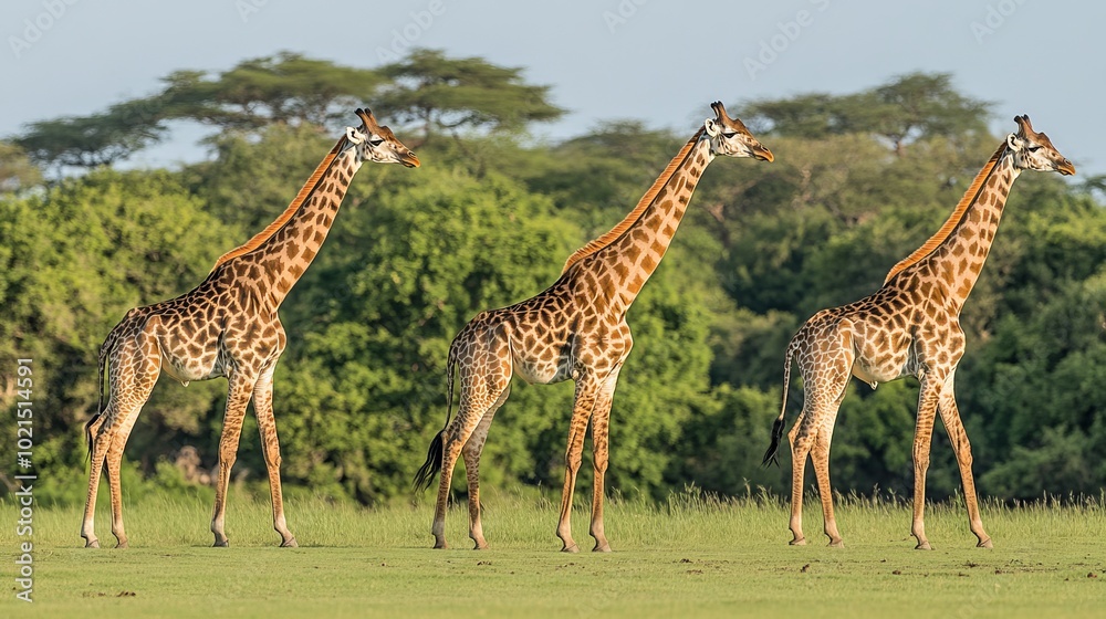 Obraz premium Three Giraffes Standing in a Line, on Green Grass, with Trees, Wildlife, Safari, Kenya,