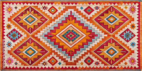 Vibrant Scandinavian inspired rug featuring bold geometric patterns and rich colors. This stunning piece adds warmth and character to any space, making it perfect decorative accent