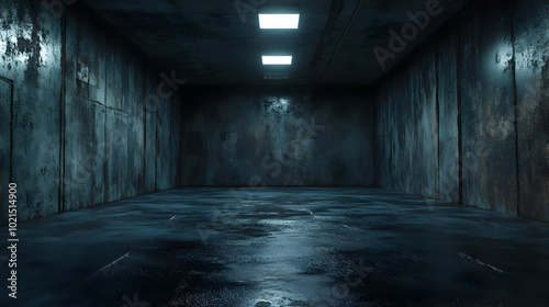 Dark and Grungy 3D Render of an Abandoned Room with Wet Floor and Ceiling Lights