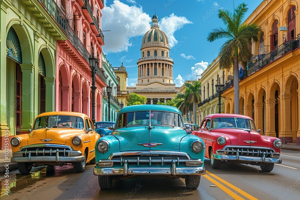 Obraz premium vibrant street havana cuba colorful colonial buildings cars classic tourism road city free