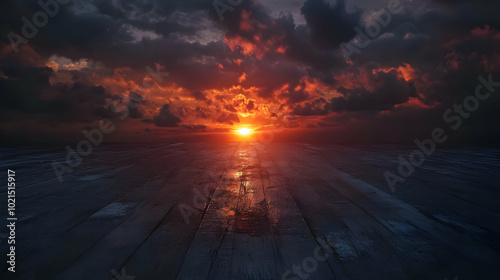 Dark Dramatic Sunset with Wooden Floor Background