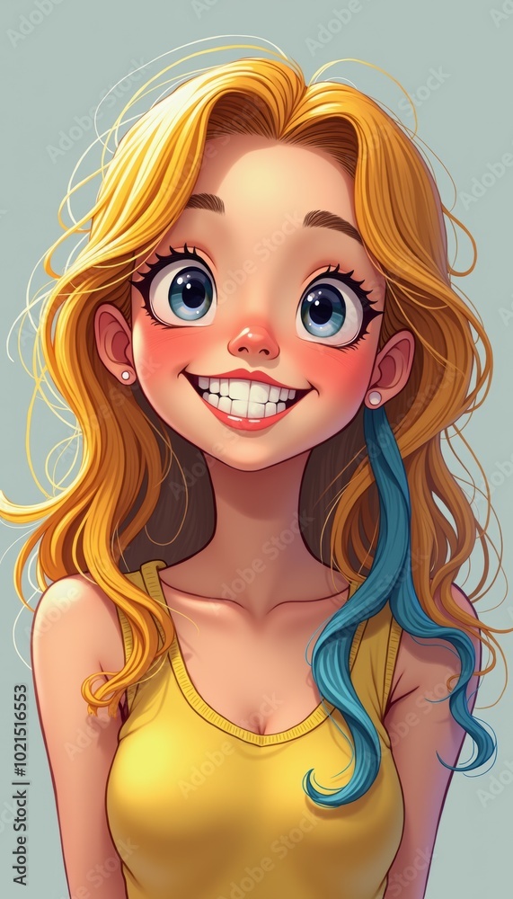 Whimsical animated character showcasing a bright smile and colorful hair, ideal for youth oriented marketing, social media, or creative projects. Whimsical animated character showcasing a bright smile and colorful hair, ideal for youth oriented marketing, social media, or creative projects.