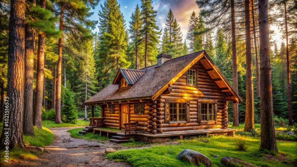 Rustic log cabin in a serene forest surrounded by tall trees, perfect for nature retreats and peaceful getaways Rustic log cabin in a serene forest surrounded by tall trees, perfect for nature retreats and peaceful getaways