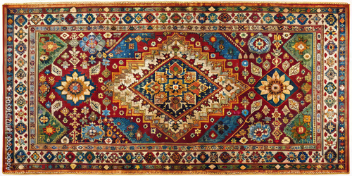 Vibrant Indian rug featuring intricate geometric patterns and detailed floral designs in rich colors. This stunning piece adds warmth and character to any space