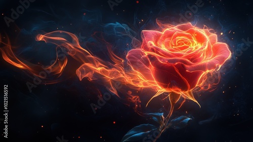 A fiery rose blooms against a dark, starry background. Its petals and stem are outlined in swirling flames, creating a mesmerizing image of passion and beauty.