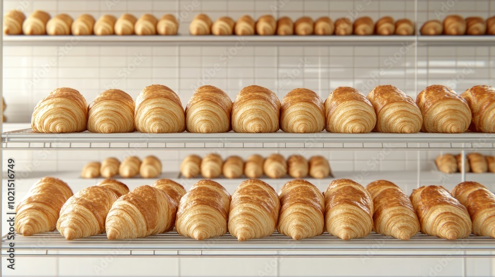 Rows of freshly baked croissants, flaky and golden, on a bakery shelf, 3D illustration Rows of freshly baked croissants, flaky and golden, on a bakery shelf, 3D illustration
