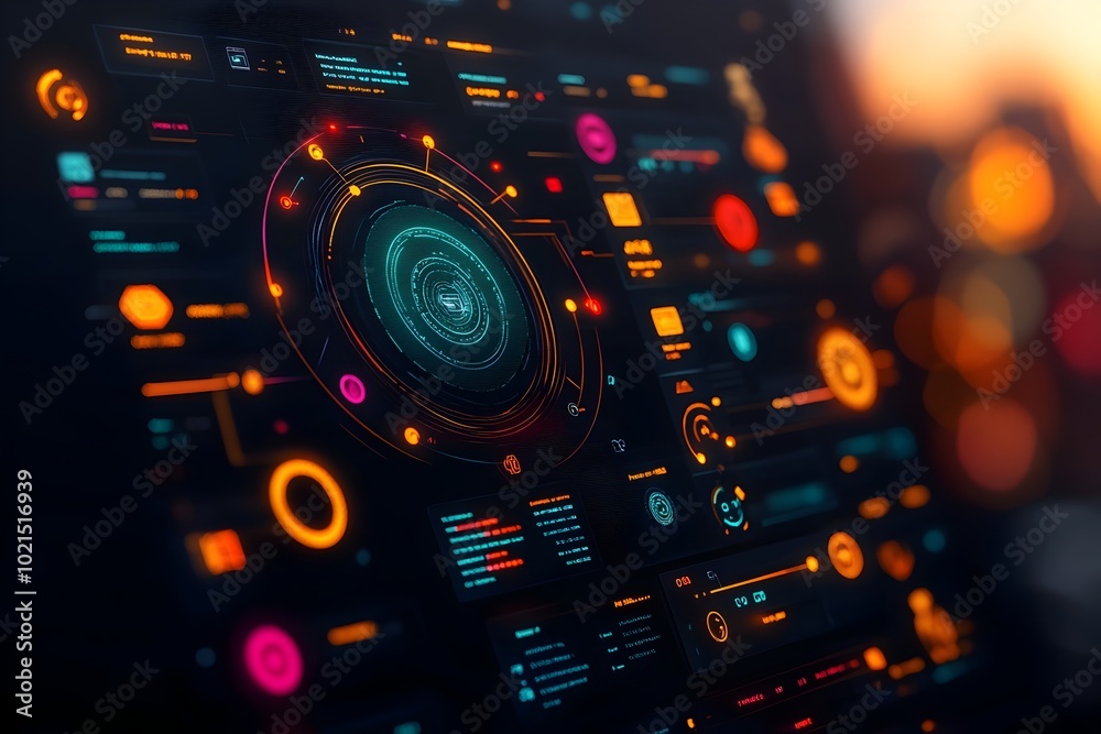 Obraz premium Innovative technological landscape featuring holographic control panels intricately designed graphical user interfaces