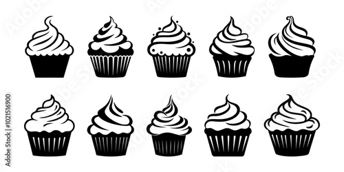 Set of black cupcakes, muffin logo. Vector illustrations isolated on white background. Can be used as icon, sign or symbol - cupcake silhouette, cake, sweet pastries, muffin. Pastry shop logo.