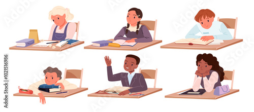 Students study at desks set. Boys and girls sit at tables with books and school supplies, tired bored kids and sleepy pupils study hard, active children answer lesson cartoon vector illustration