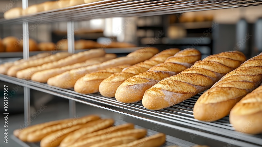 Freshly made baguettes cooling on a bakery shelf, with detailed crust textures, 3D illustration Freshly made baguettes cooling on a bakery shelf, with detailed crust textures, 3D illustration