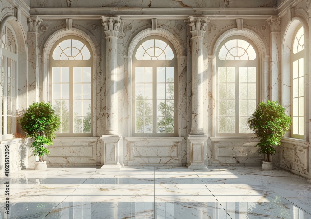 Fototapeta premium Elegant Marble Palace Hallway with Sunlight