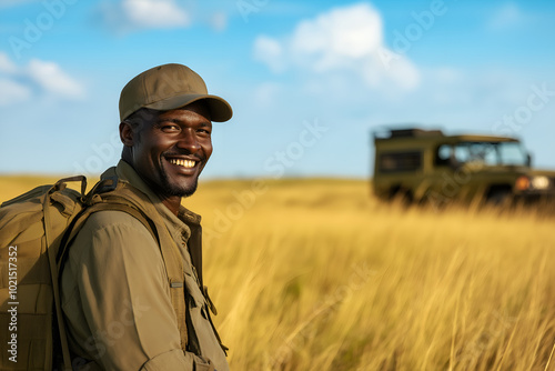 African man guiding a wildlife safari tour, Safari guide, Wildlife conservation, Guided tour